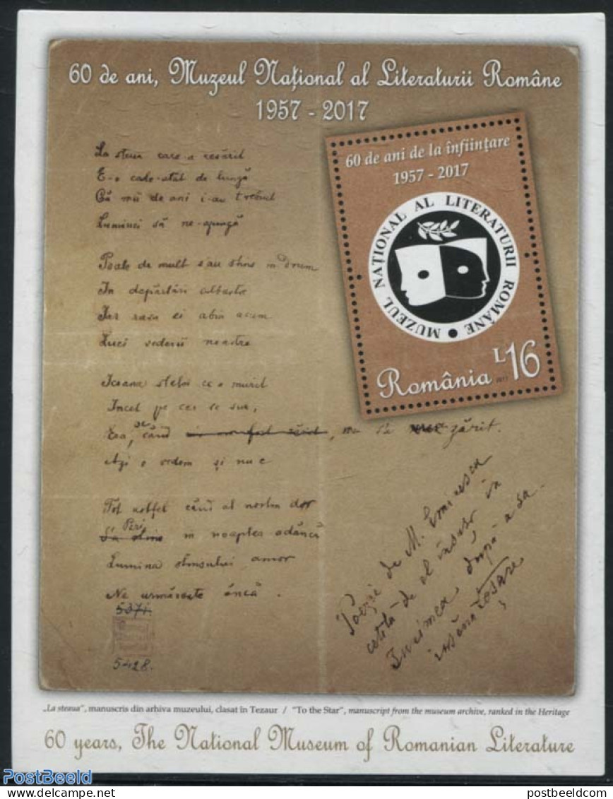 Romania 2017 Literature Museum S/s, Mint NH, Art - Handwriting And Autographs - Museums - Ungebraucht