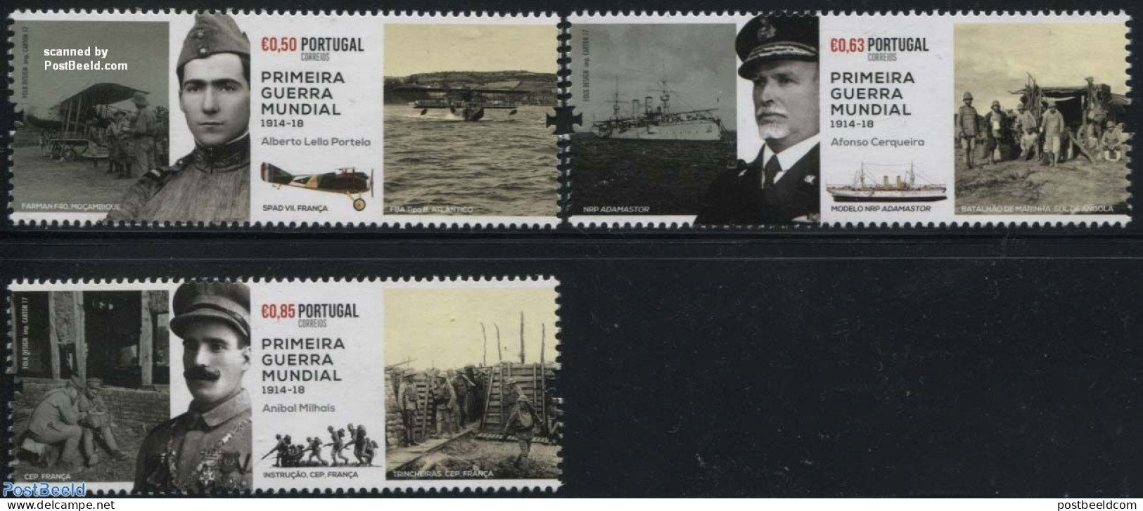 Portugal 2017 First World War 3v, Mint NH, History - Transport - Aircraft & Aviation - Ships And Boats - World War I - Unused Stamps
