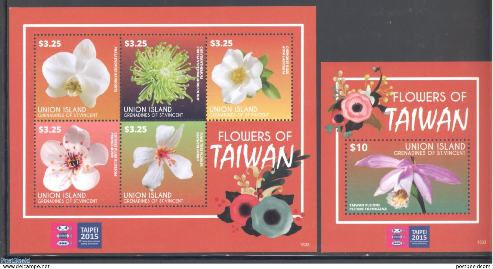 Saint Vincent & The Grenadines 2015 Union Island, Flowers Of Taiwan 2 S/s, Mint NH, Nature - Flowers & Plants - St.Vincent Y Las Granadinas