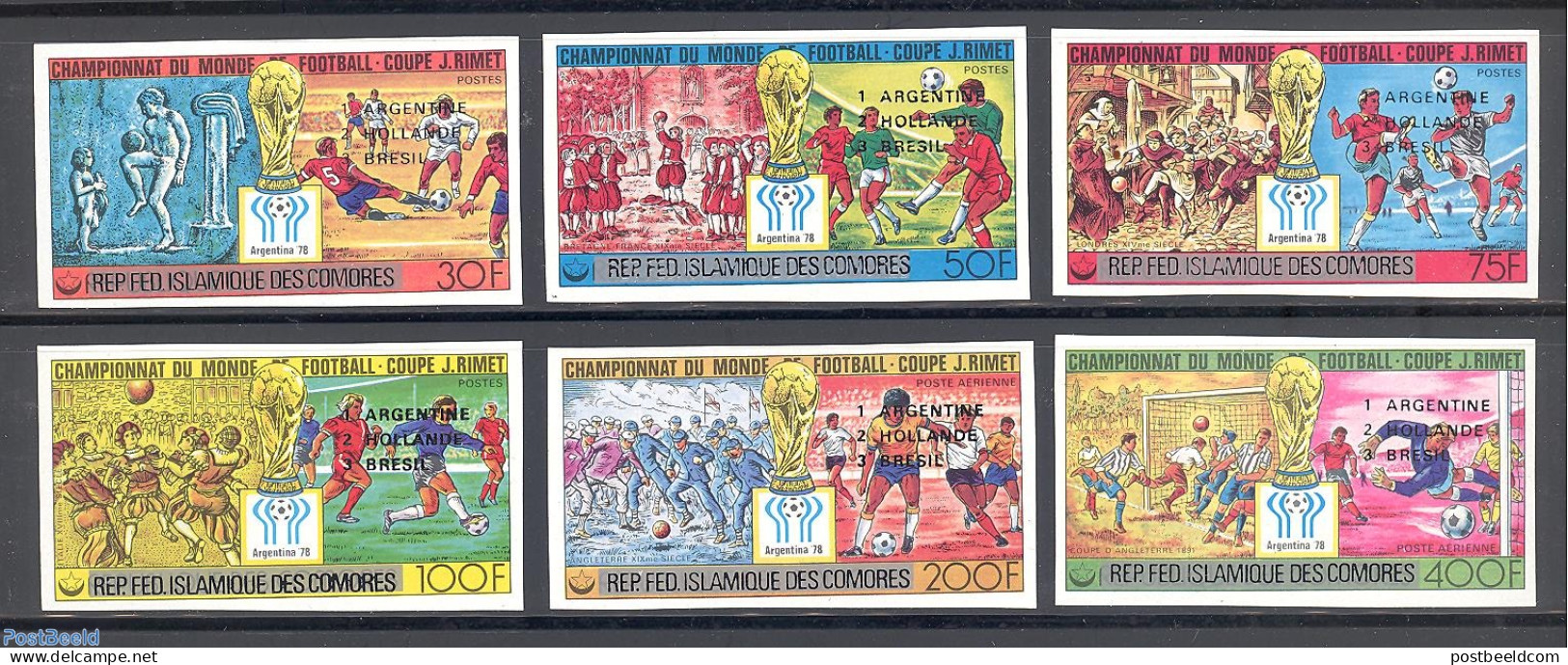 Comoros 1978 Football Winners 6v, Black Overprints, Imperforated, Mint NH, Sport - Football - Comoros