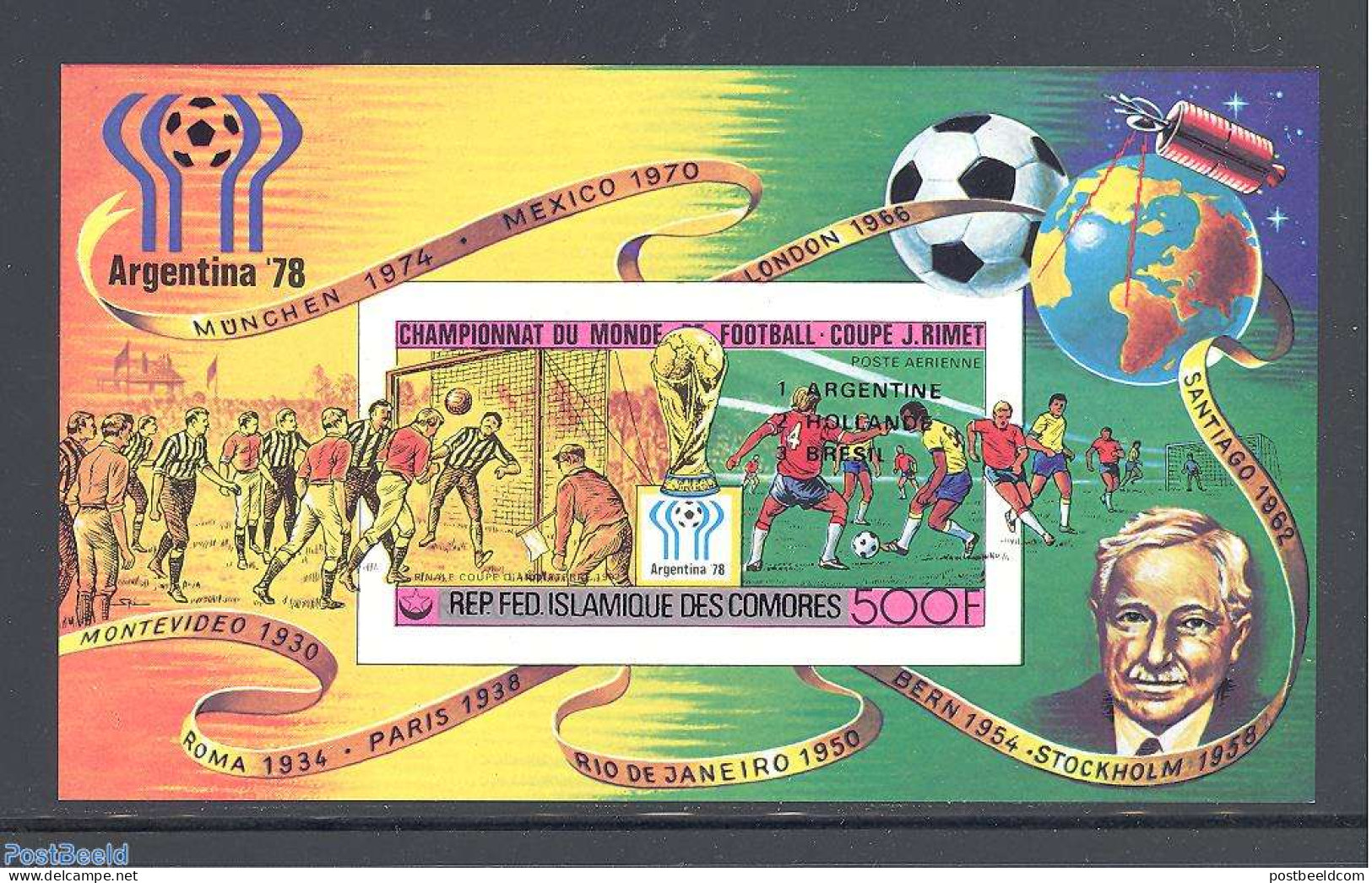 Comoros 1977 Football Winners S/s Imperforated, Black Overprint, Mint NH, Sport - Football - Komoren (1975-...)