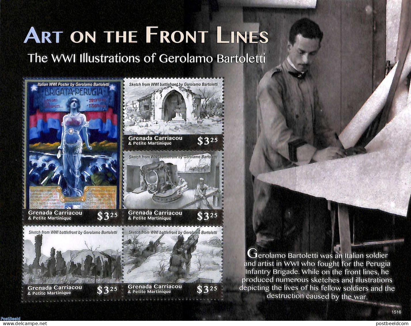 Grenada Grenadines 2015 Art On The Front Lines 5v M/s, Mint NH, History - Art - Paintings - World War I - Guerre Mondiale (Première)