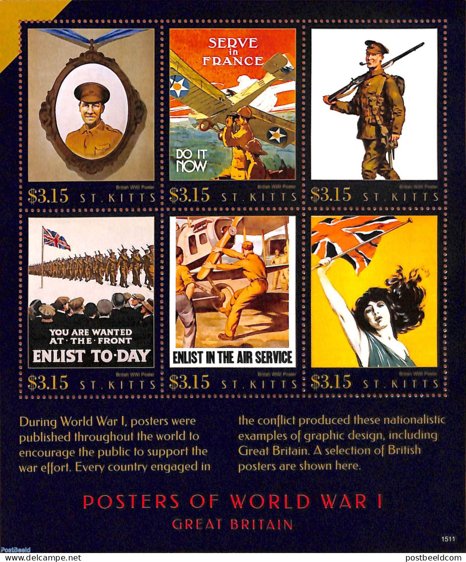 Saint Kitts/Nevis 2015 Posters Of World War I 6v M/s, Mint NH, History - Transport - Militarism - Aircraft & Aviation .. - Militaria