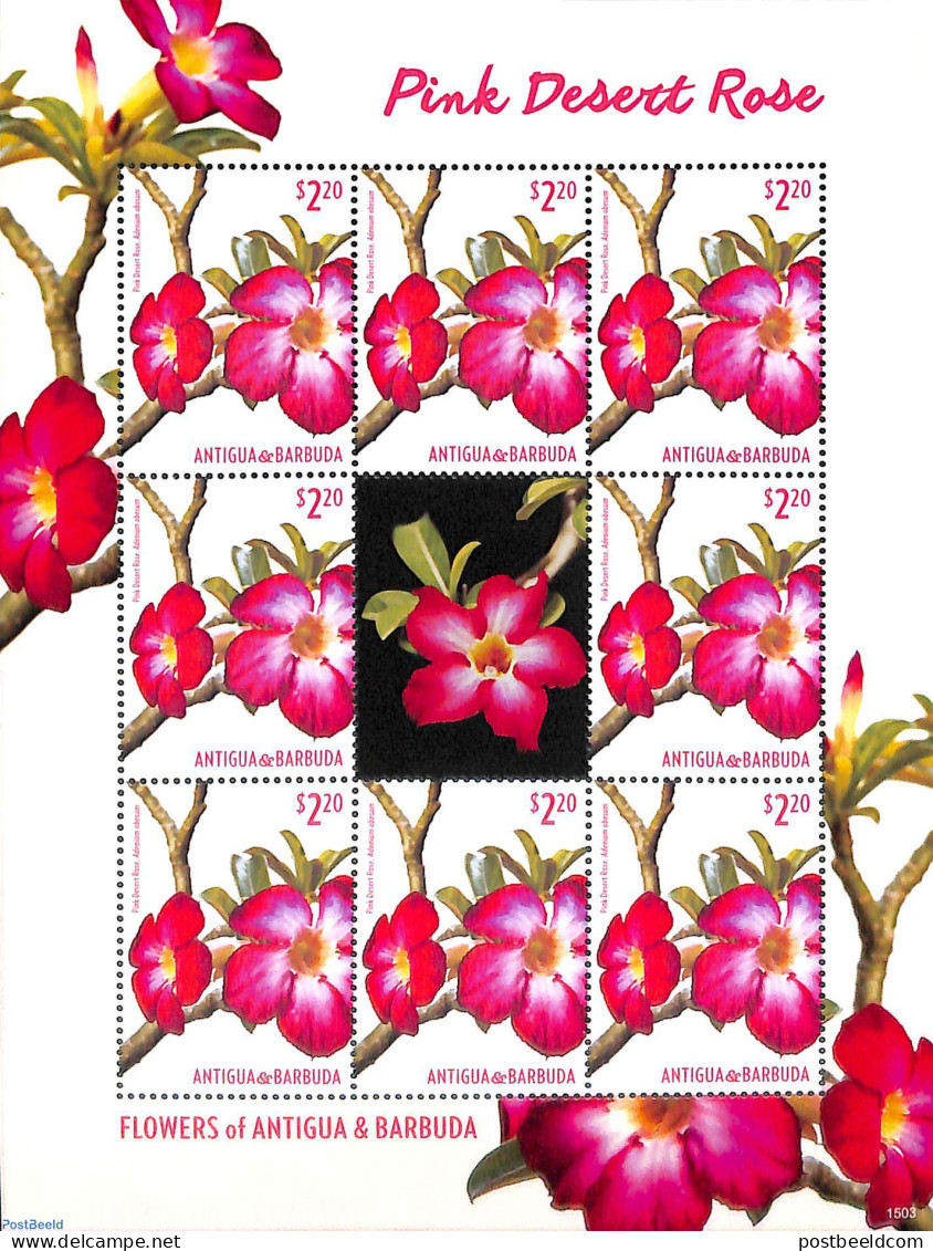 Antigua & Barbuda 2015 Pink Desert Rose M/s, Mint NH, Nature - Flowers & Plants - Antigua Y Barbuda (1981-...)