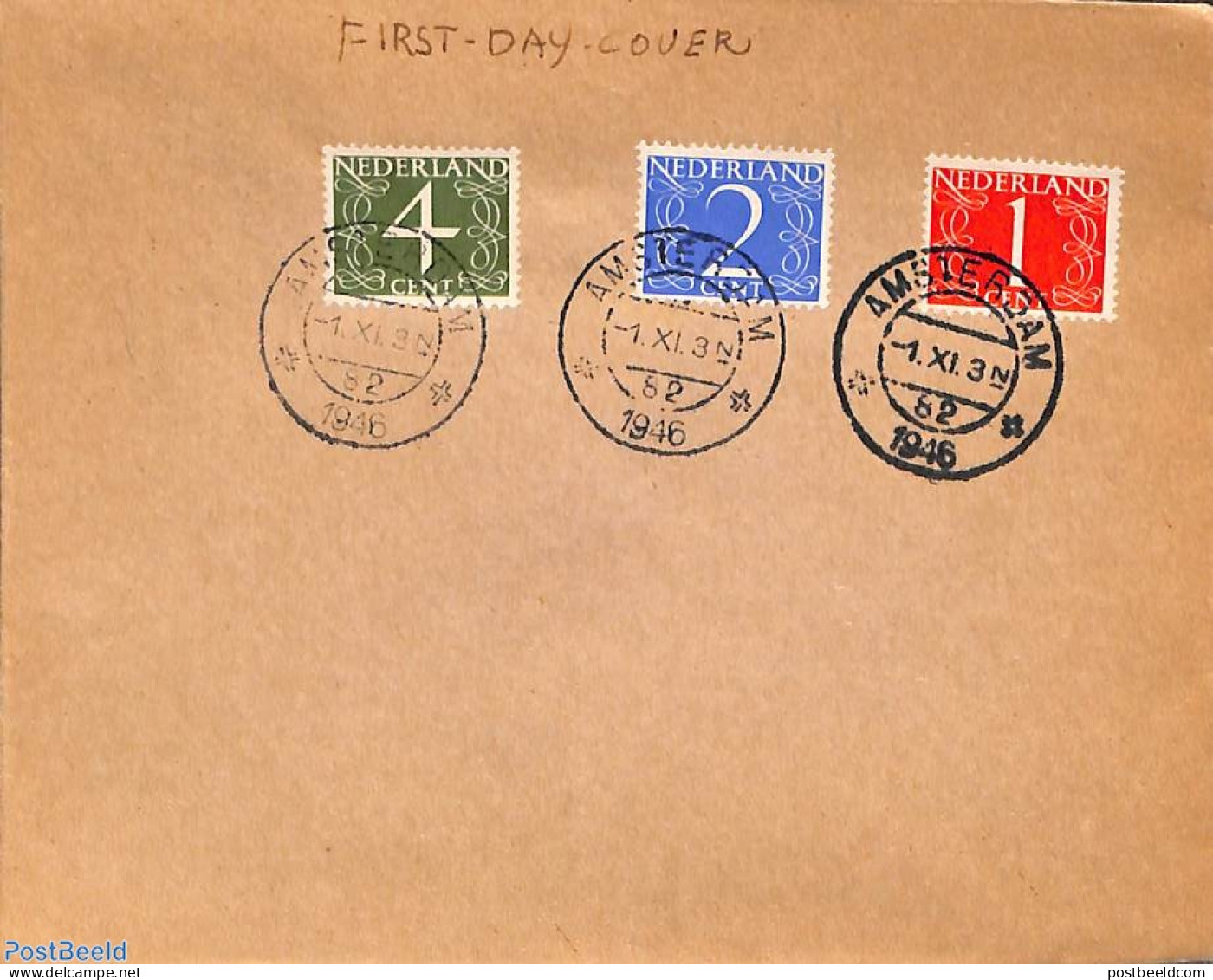 Netherlands 1946 Definitives 1c,2c,4c First Day Cover 01-09-1946, First Day Cover - Cartas & Documentos
