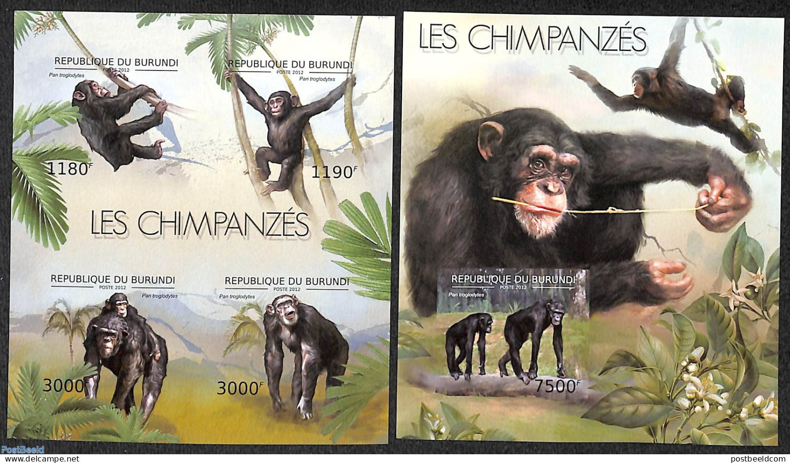 Burundi 2012 Chimpansees  2 S/s, Imperforated, Mint NH, Nature - Animals (others & Mixed) - Monkeys - Sonstige & Ohne Zuordnung