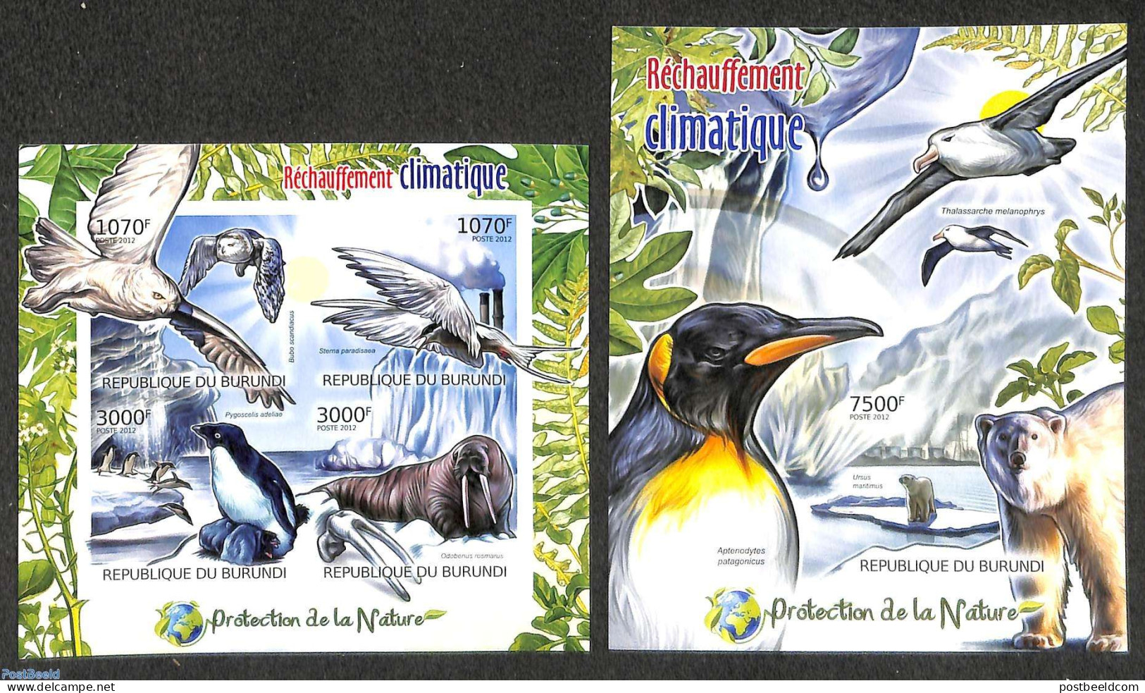 Burundi 2012 Global Warming  2 S/s, Imperforated, Mint NH, Nature - Birds - Environment - Owls - Penguins - Sea Mammals - Environment & Climate Protection