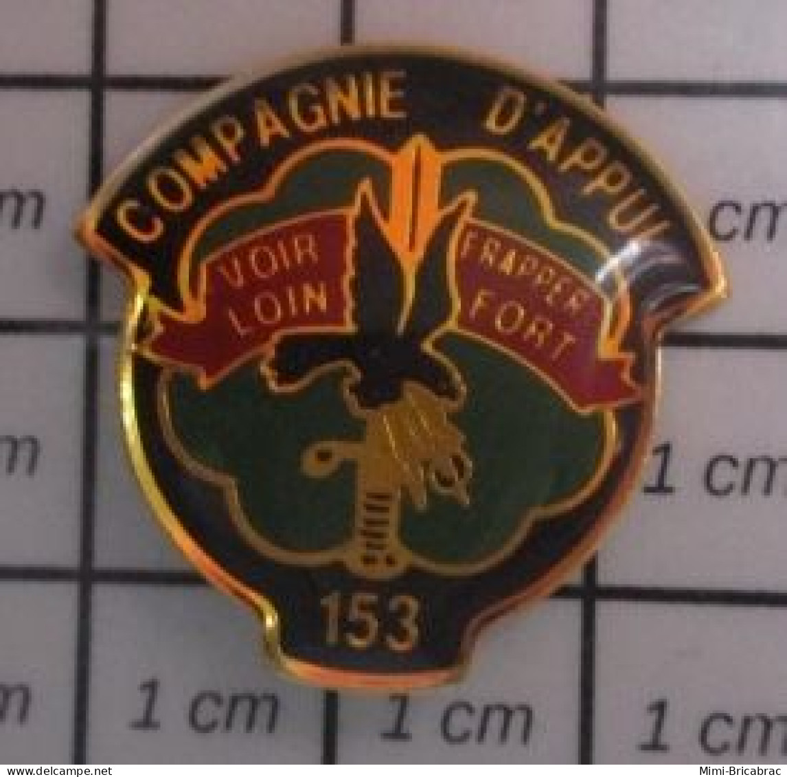 1818A Pin's Pins / Beau Et Rare / MILITARIA / 153e COMPAGNIE D'APPUI VOIR LOIN FRAPPER FORT - Militaria