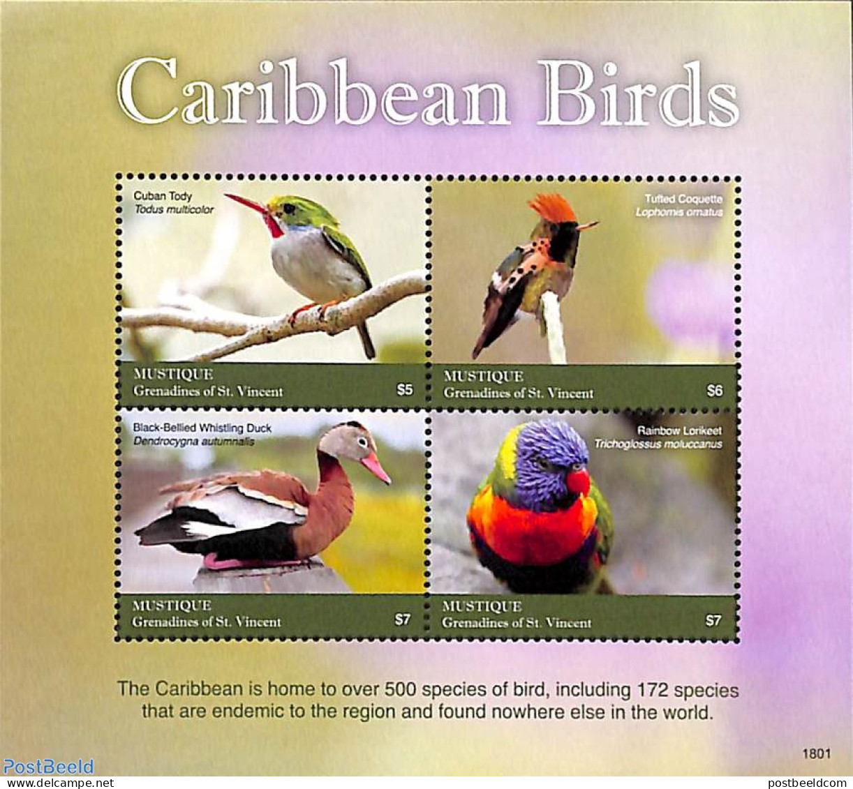 Saint Vincent & The Grenadines 2018 Mustique, Caribbean Birds 4v M/s, Mint NH, Nature - Birds - Ducks - Parrots - St.Vincent Und Die Grenadinen