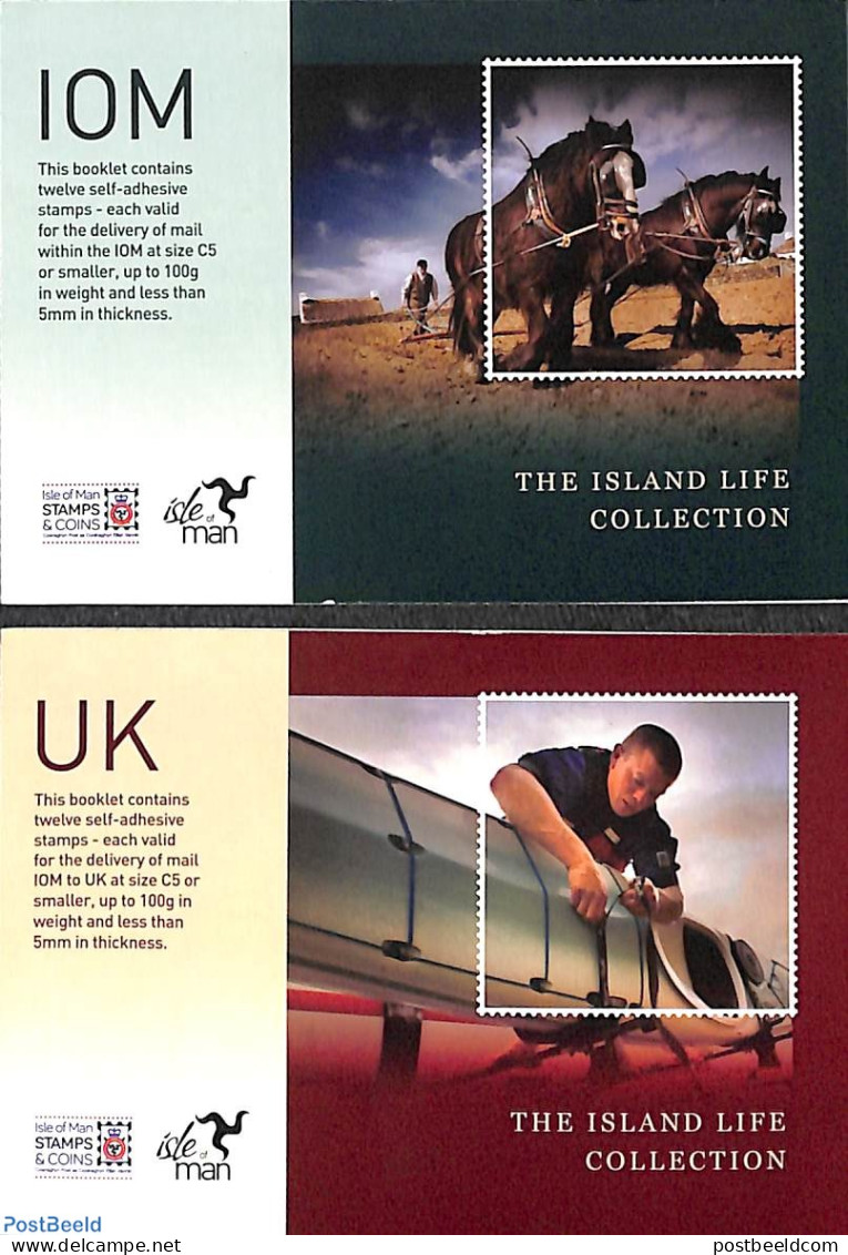 Isle Of Man 2010 Island Life, 2 Booklets, Mint NH, Nature - Transport - Fishing - Stamp Booklets - Automobiles - Motor.. - Poissons