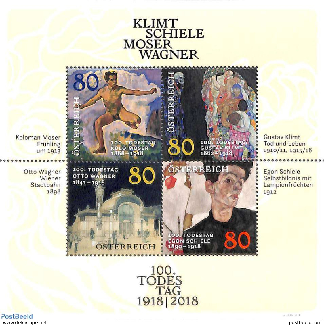 Austria 2018 Paintings Moser, Klimt, Wagner, Schiele 4v M/s, Mint NH, Art - Gustav Klimt - Modern Art (1850-present) -.. - Neufs