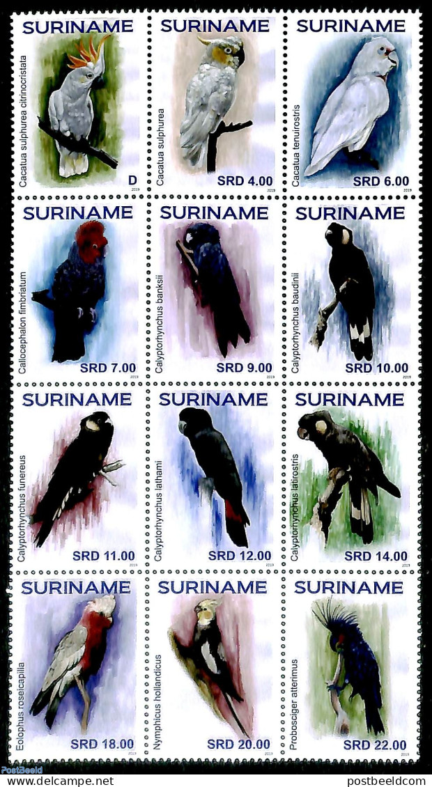 Suriname, Republic 2019 Parrots 12v, Sheetlet, Mint NH, Nature - Birds - Parrots - Surinam