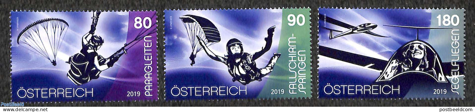 Austria 2019 Air Sports 3v, Mint NH, Sport - Transport - Gliding - Parachuting - Aircraft & Aviation - Unused Stamps