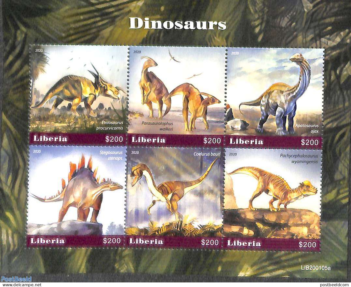 Liberia 2020 Dinosaurs 6v M/s, Mint NH, Nature - Prehistoric Animals - Preistorici