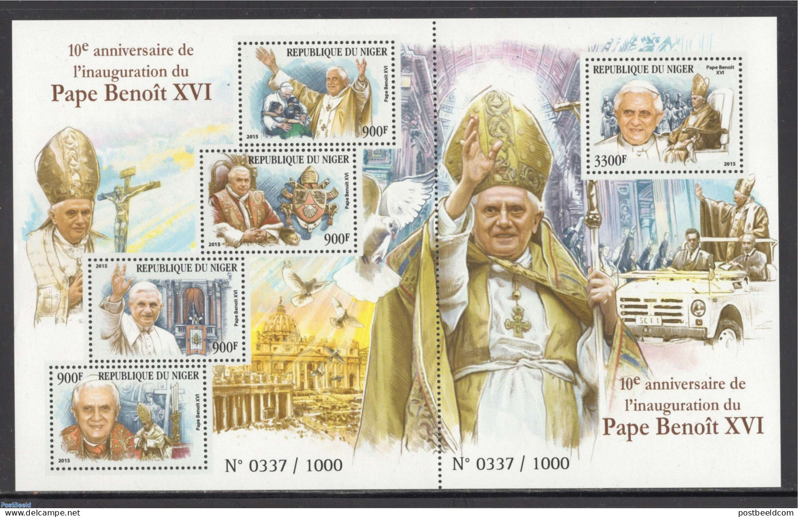 Niger 2015 Pope Benedict XVI 5v M/s, Mint NH, Religion - Pope - Päpste