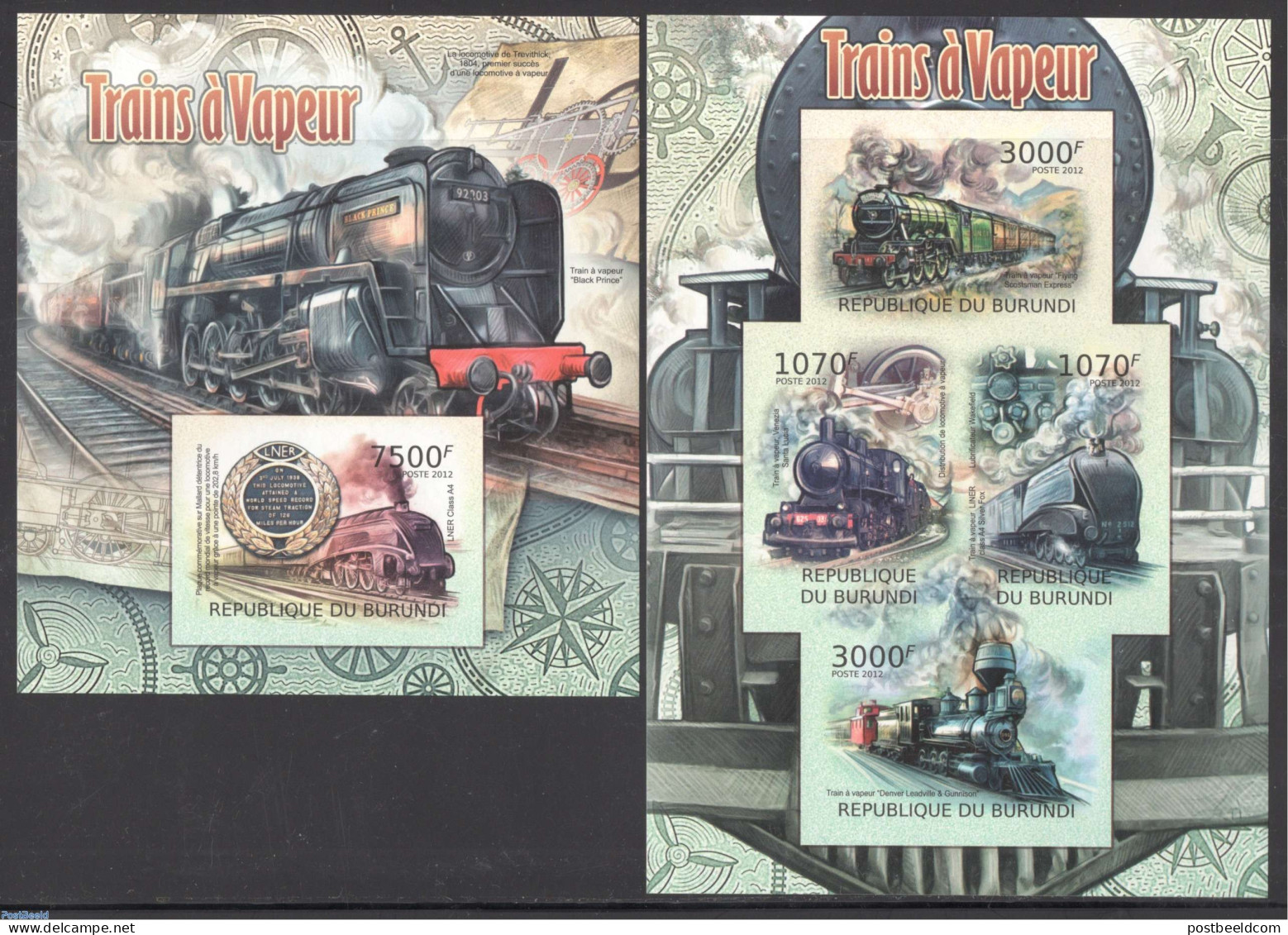 Burundi 2012 Steam Locomotives 2 S/s, Imperforated, Mint NH, Transport - Railways - Trains