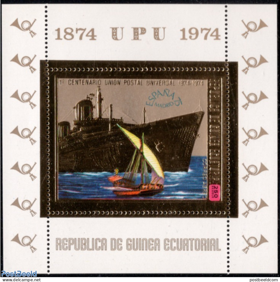 Equatorial Guinea 1974 Upu Espana S/s, Gold, Mint NH, Transport - U.P.U. - Ships And Boats - U.P.U.