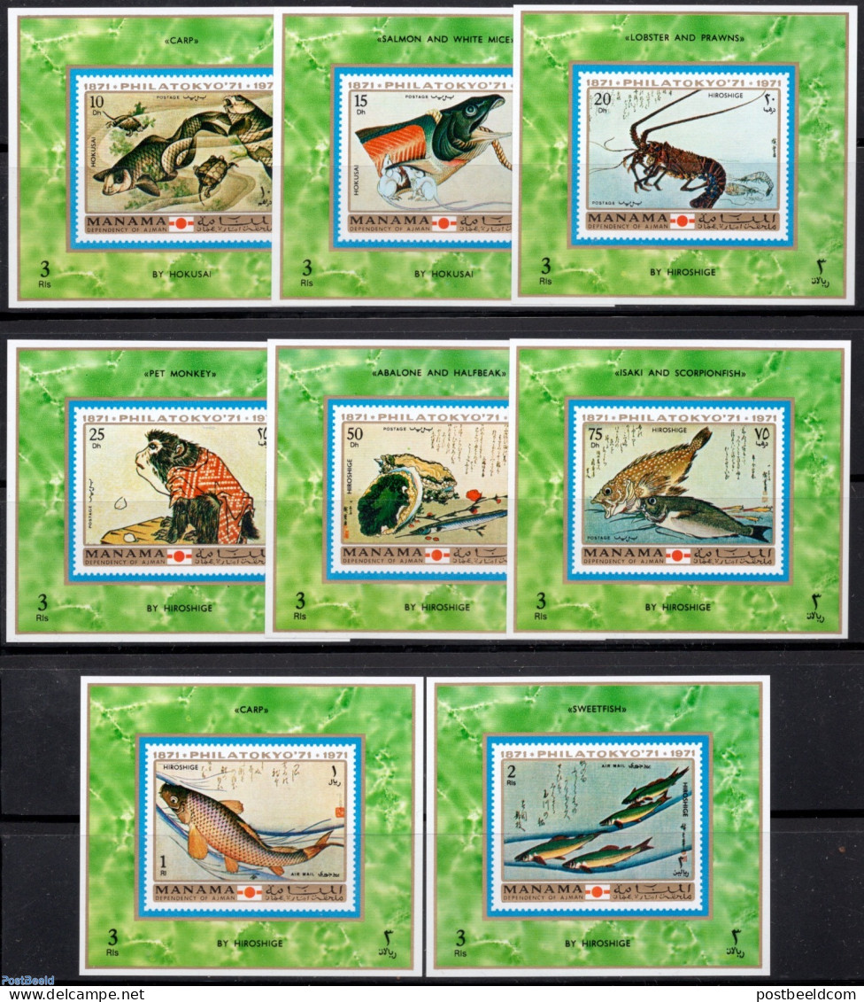 Manama 1971 Philatokyo 8 S/s, Imperforated, Mint NH, Nature - Fish - Monkeys - Turtles - Art - Paintings - Fische