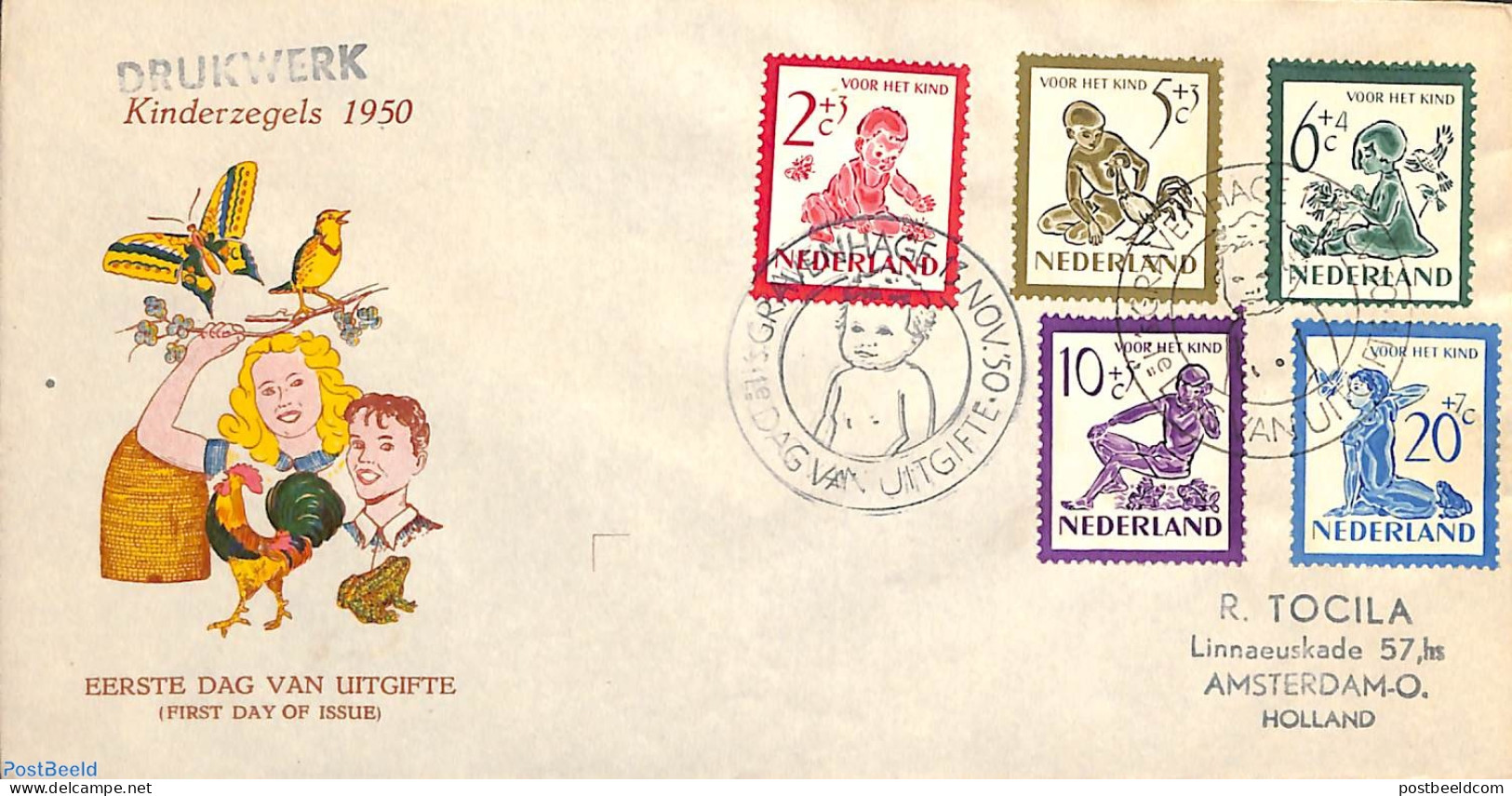 Netherlands 1950 Child Welfare 5v, FDC, Open Flap, Stamped Address, First Day Cover - Lettres & Documents