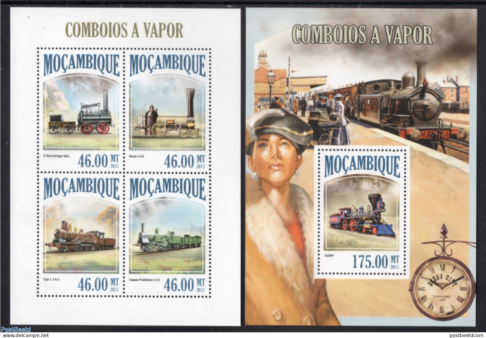 Mozambique 2013 Railways 2 S/s, Mint NH, Transport - Railways - Art - Clocks - Trains