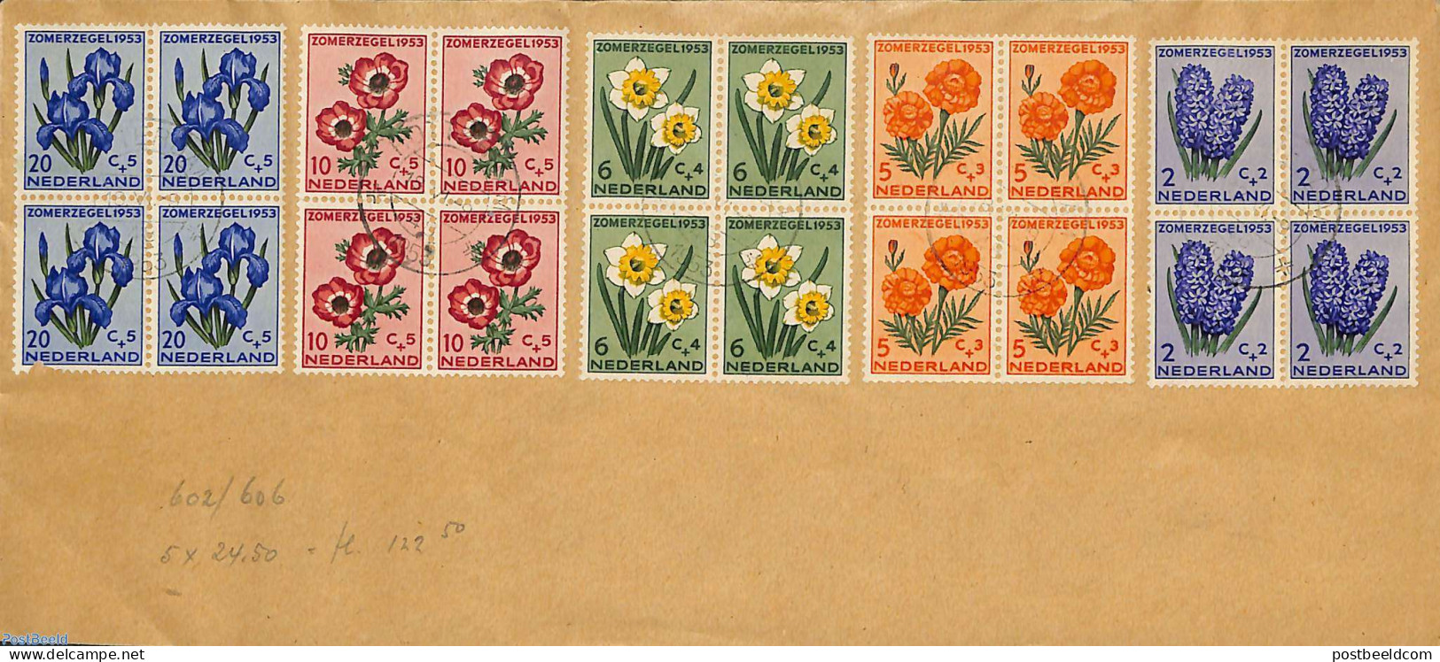 Netherlands 1952 Flowers 5v In Blocks Of 4 [+] On Cover, Postal History, Nature - Flowers & Plants - Brieven En Documenten