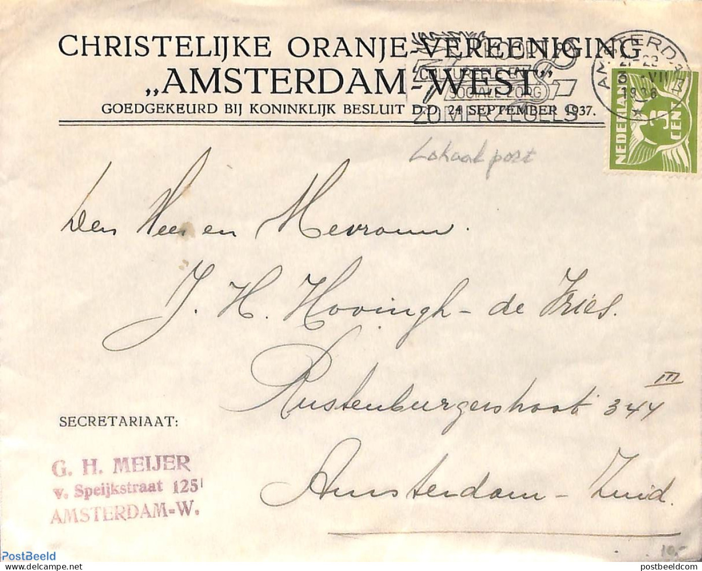 Netherlands 1938 Local Postage Letter 3c, Postal History - Brieven En Documenten