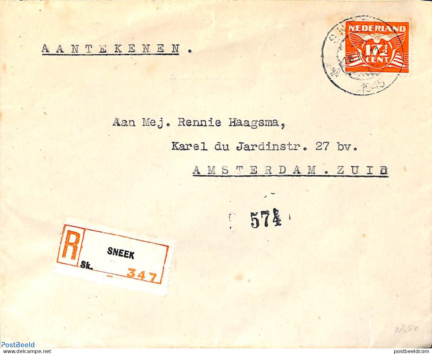 Netherlands 1945 Registered Letter From SNEEK To Amsterdam, Postal History - Lettres & Documents