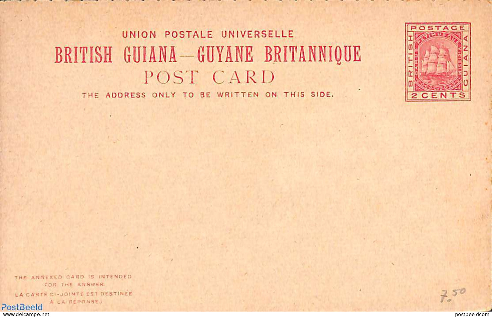 Guyana 1892 Reply Paid Postcard 2/2c, Unused Postal Stationary, Transport - Ships And Boats - Ships