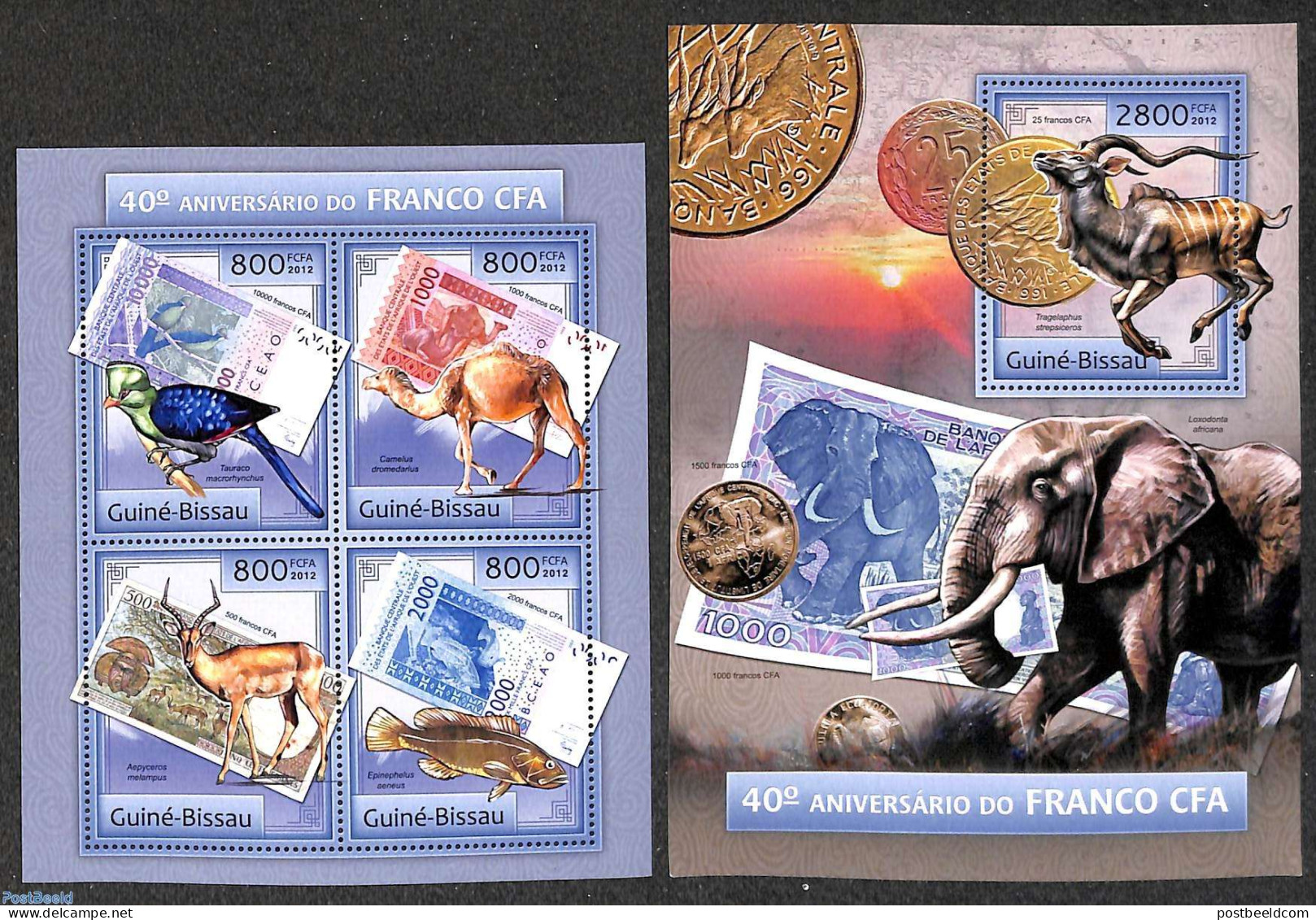 Guinea Bissau 2012 CFA Francs 2 S/s, Mint NH, Nature - Various - Birds - Camels - Elephants - Fish - Money On Stamps - Poissons