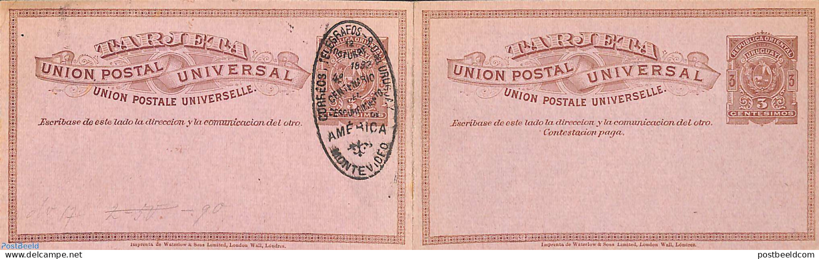 Uruguay 1892 Reply Paid Postcard 3/3c , Unused Postal Stationary - Uruguay