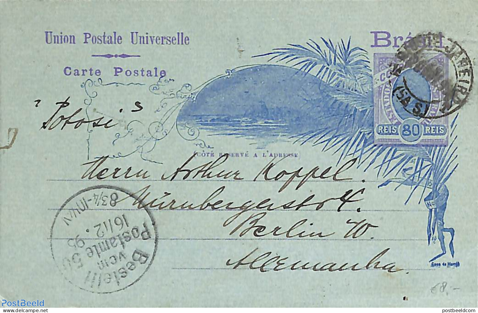 Brazil 1895 Postcard 80r From Rio De Janeiro To Berlin , Used Postal Stationary - Cartas & Documentos