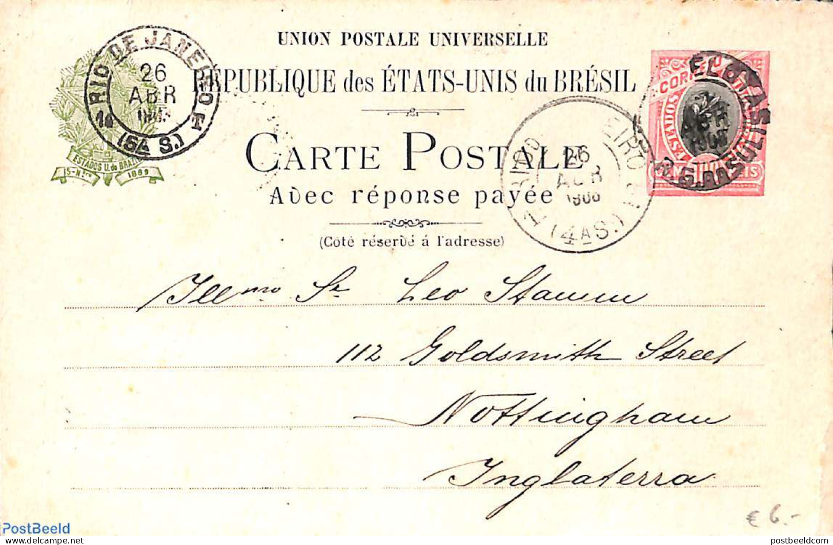 Brazil 1908 Postcard 100r To UK, Used Postal Stationary - Cartas & Documentos
