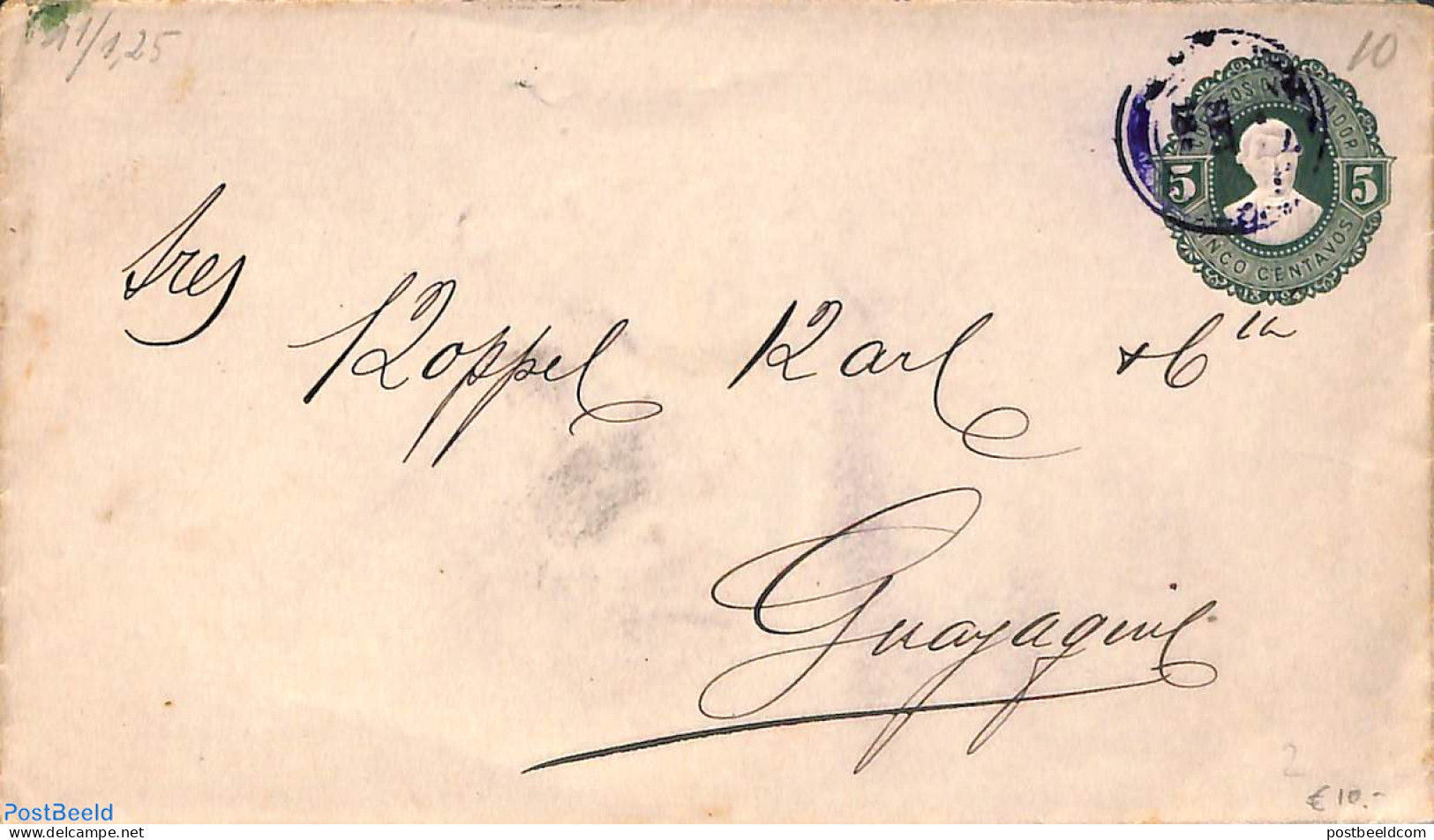 Ecuador 1899 Envelope 5c, To Guayaguil, Used Postal Stationary - Ecuador