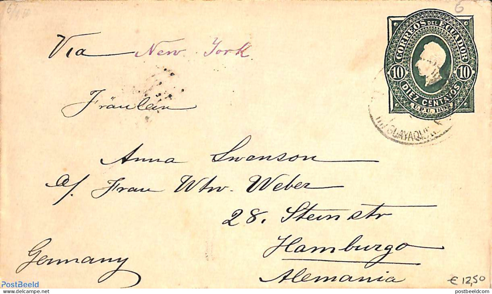 Ecuador 1892 Envelope 10c To Hamburg, Used Postal Stationary - Ecuador