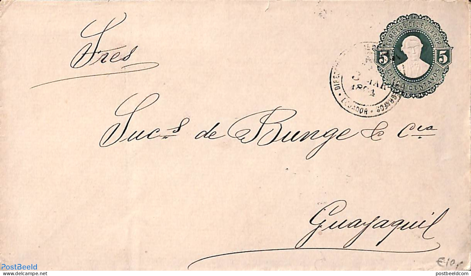 Ecuador 1894 Envelope 5c To Guayaguil, Used Postal Stationary - Equateur