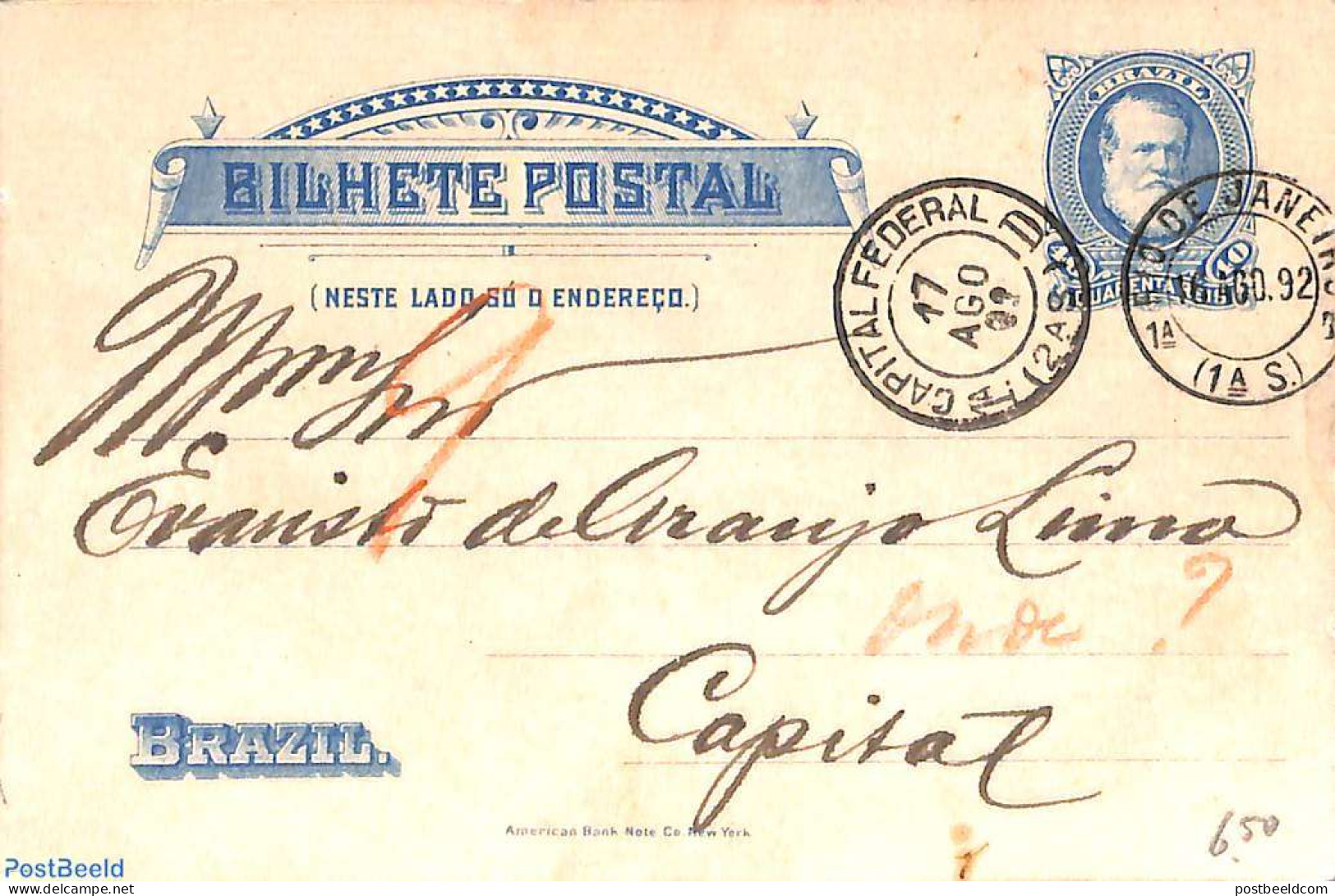 Brazil 1892 Postcard 40R, Used, Used Postal Stationary - Cartas & Documentos