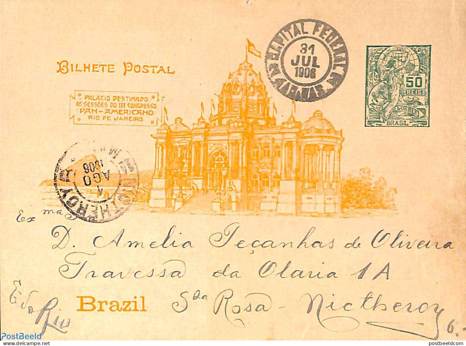 Brazil 1908 Illustrated Postcard 50R , Used Postal Stationary - Brieven En Documenten