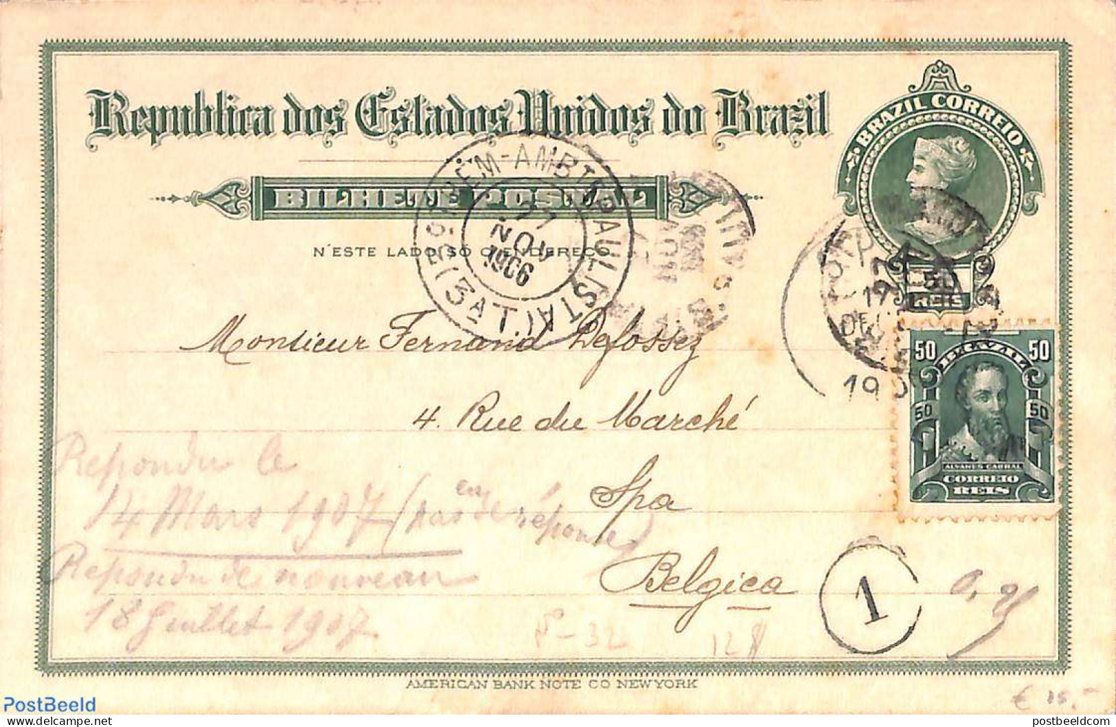 Brazil 1906 Postcard 50R, Uprated To Spa (B), Used Postal Stationary - Cartas & Documentos