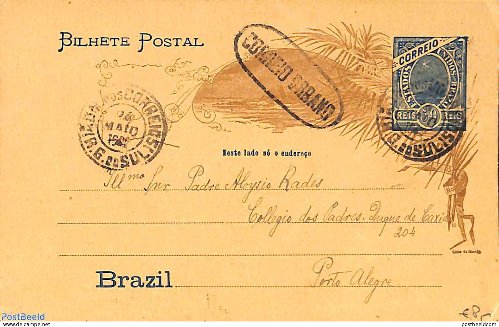 Brazil 1907 Postcard 50R To Porto Alegre, Used Postal Stationary - Brieven En Documenten