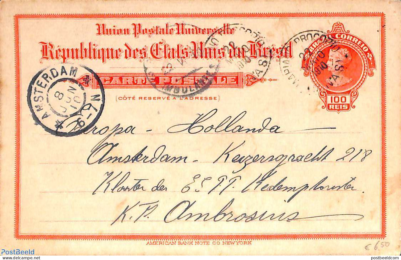Brazil 1910 Postcard 100r, Used, Used Postal Stationary - Lettres & Documents