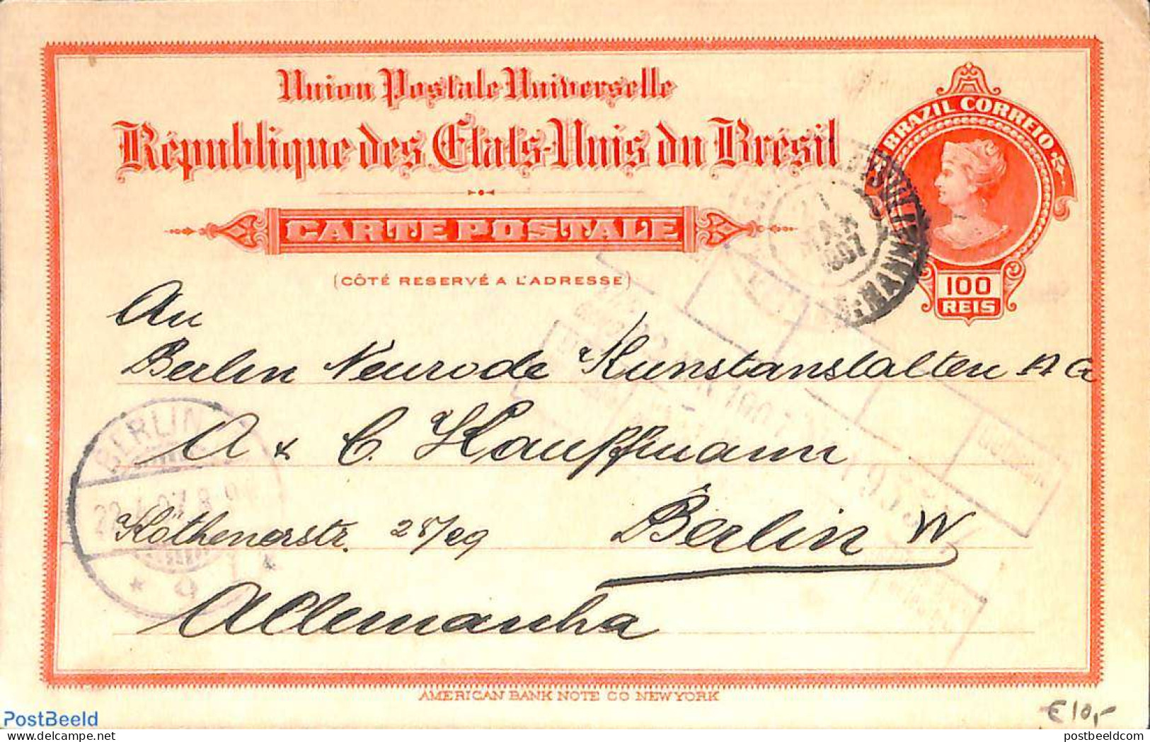 Brazil 1907 Postcard 100R To Berlin, Used Postal Stationary - Cartas & Documentos