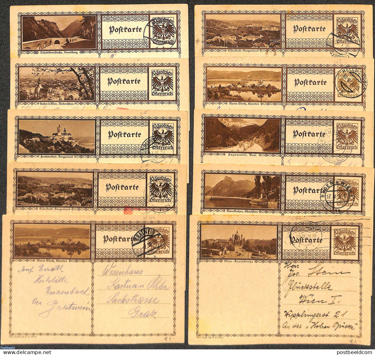 Austria 1930 Lot With 10 Used Illustrated Postcards, Used Postal Stationary - Lettres & Documents