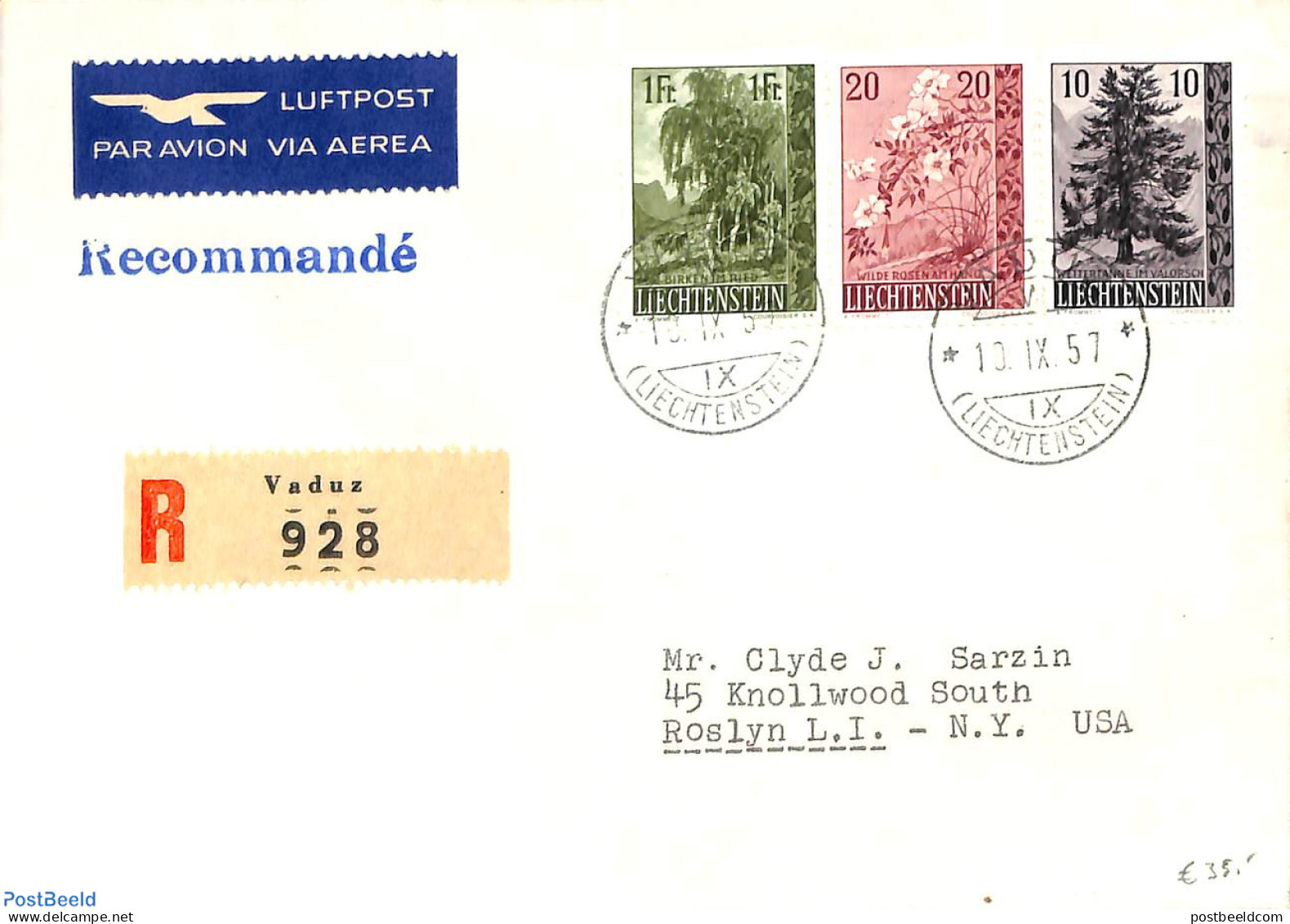 Liechtenstein 1957 Trees 3v, FDC, First Day Cover, Nature - Trees & Forests - Briefe U. Dokumente