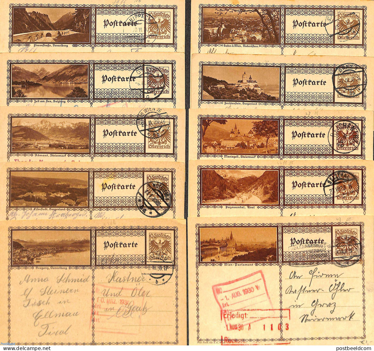 Austria 1930 Lot With 10 Used Illustrated Postcards, Used Postal Stationary - Brieven En Documenten