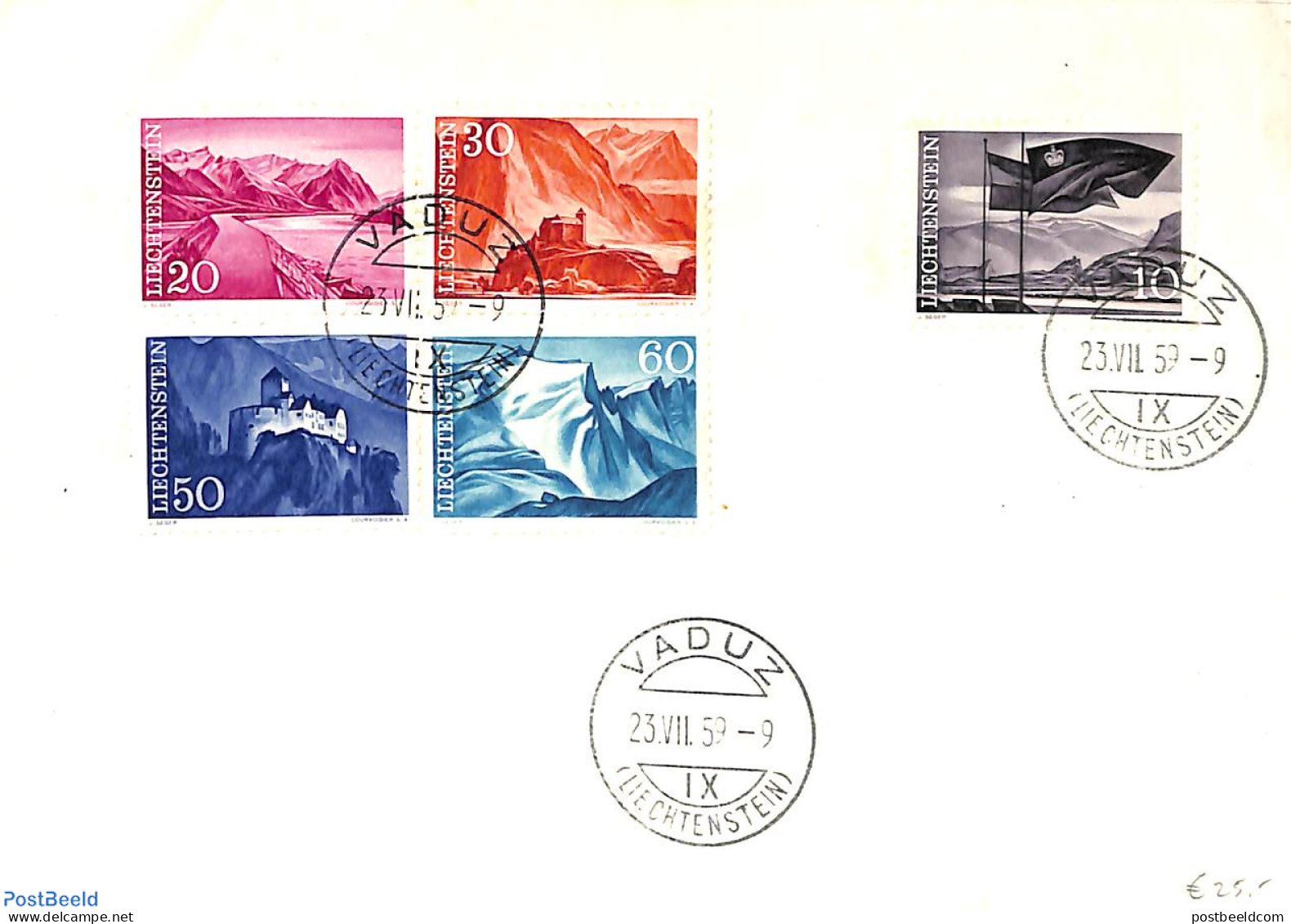 Liechtenstein 1959 Definitives 5v, FDC, First Day Cover - Briefe U. Dokumente
