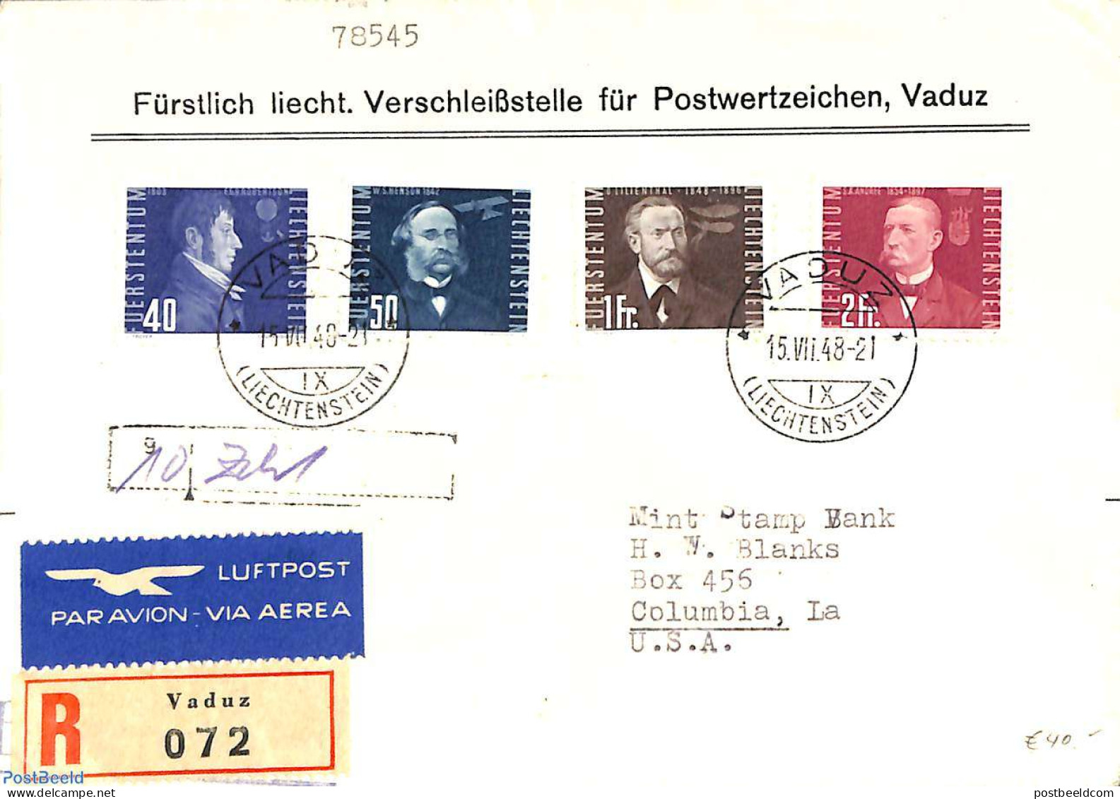 Liechtenstein 1948 Aviation Pioneers 4v, FDC, First Day Cover, Transport - Aircraft & Aviation - Cartas & Documentos