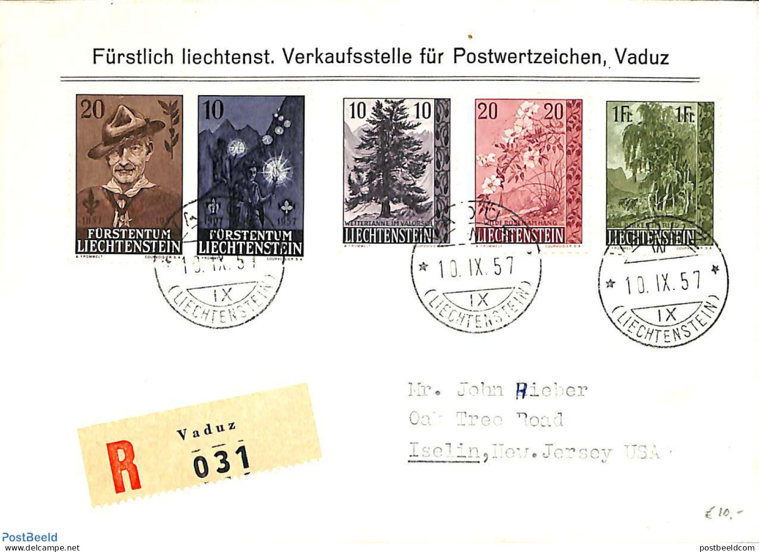 Liechtenstein 1957 Trees And Scouting 5v, FDC, First Day Cover, Nature - Sport - Trees & Forests - Scouting - Covers & Documents