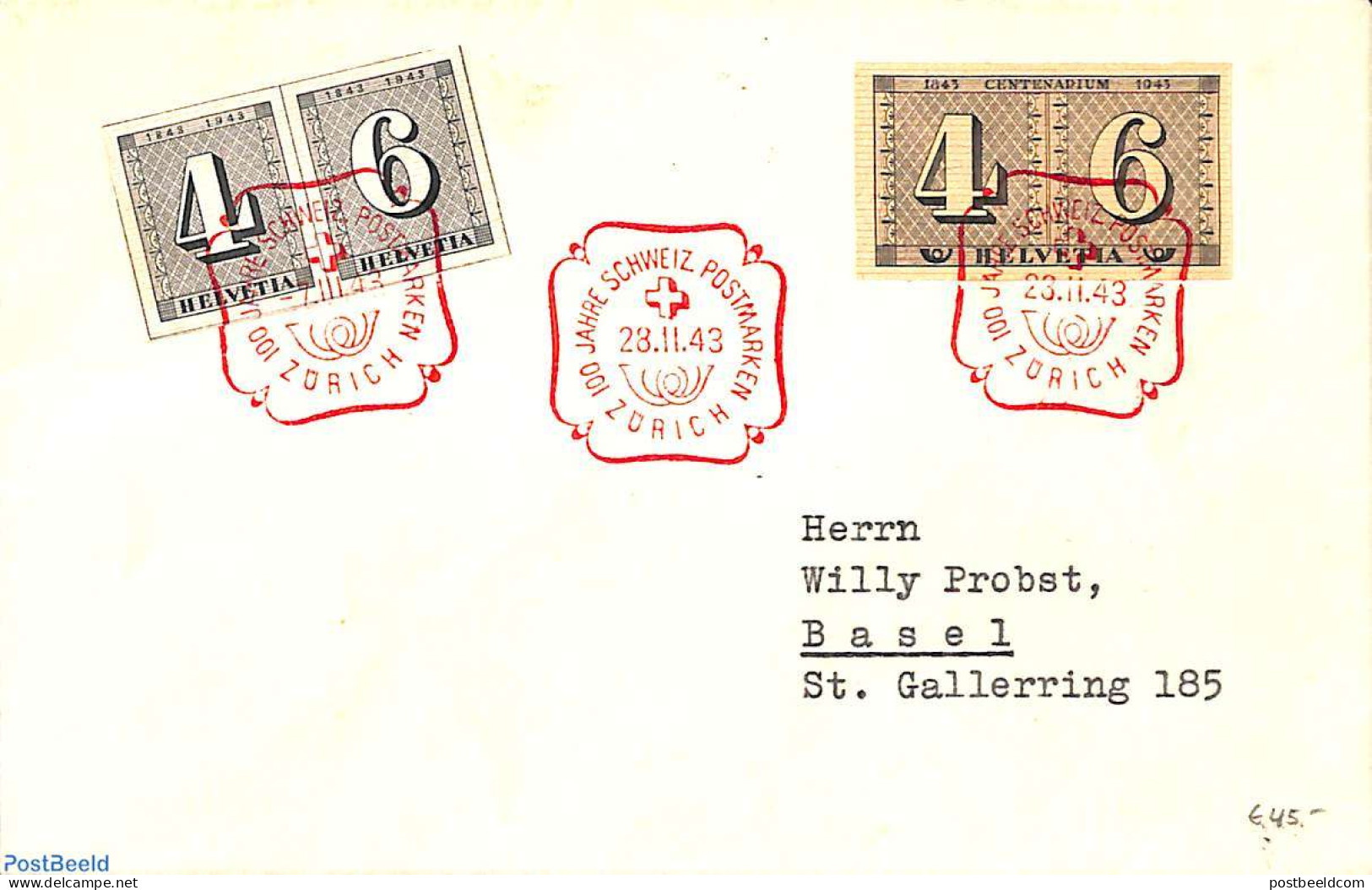 Switzerland 1943 Cover With Stamp Centenary Stamps , Postal History - Lettres & Documents