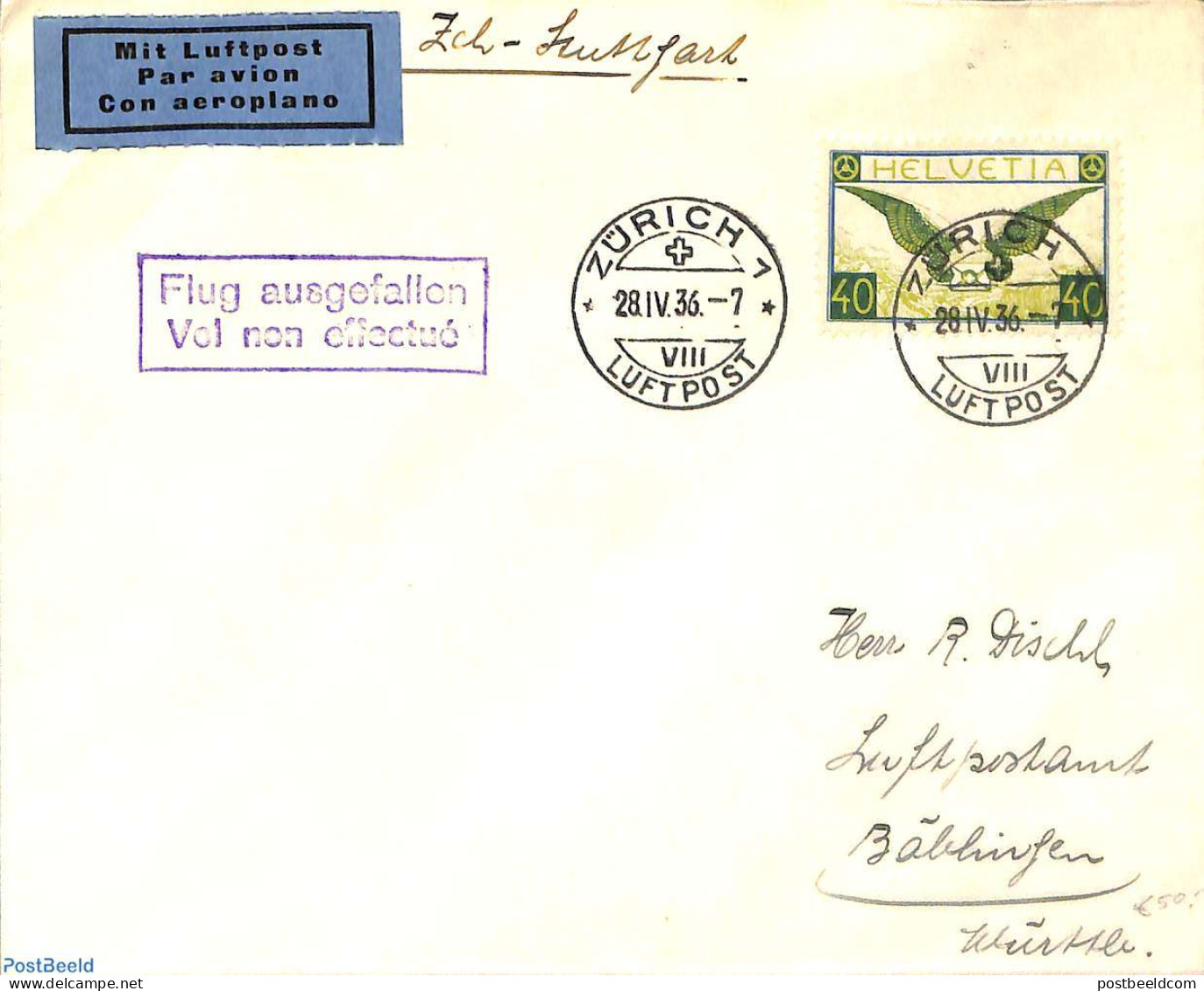 Switzerland 1936 Airmail Letter, Cancelled Flight , Postal History, Transport - Aircraft & Aviation - Brieven En Documenten