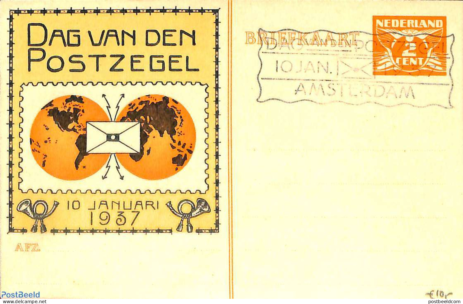 Netherlands, Fdc Stamp Day 1937 Postcard 2c, Stamp Day, Used Postal Stationary, Stamp Day - Journée Du Timbre